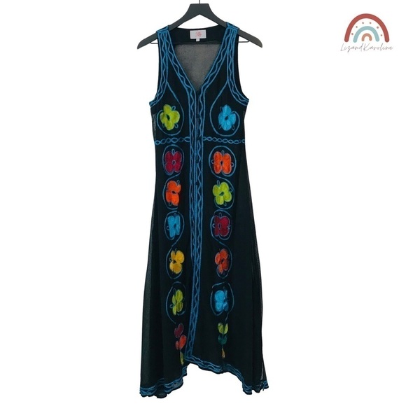 Roja Ethnic Bohemian Hand Embroidered Colorful Floral Mesh Side Slits Maxi Dress - Picture 1 of 10